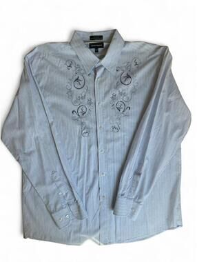 Michael Brandon Men’s XXL 18-18.5 Dress Shirt Blue Stripe Embroidery Y2K